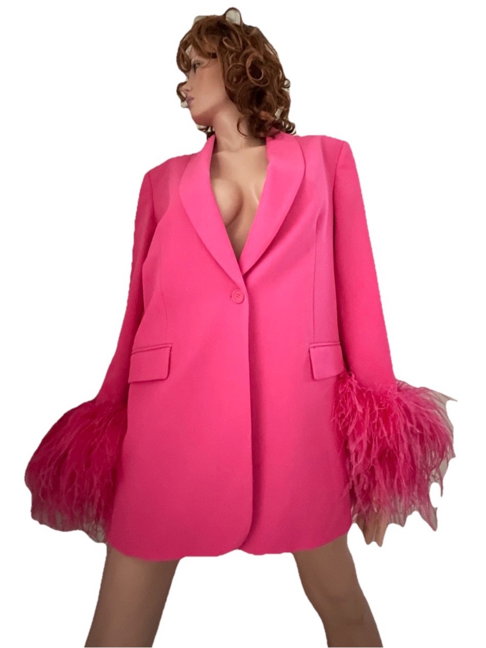 ZARA Straight Cut Hot PINK FEATHER BLAZER Jacket With Marabou Cuffs Size Large - Picture 5 of 13